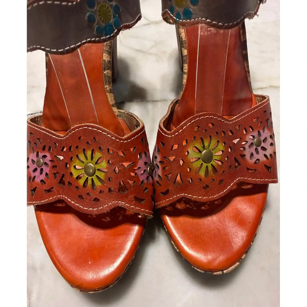 L'Artiste Spring Step Sharyn Leather Sandals Floral Hand Painted Boho Heel 39